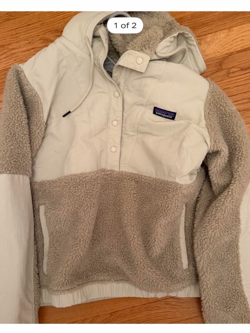 Patagonia Cream and Tan Sherpa Hooded Pullover Jacket